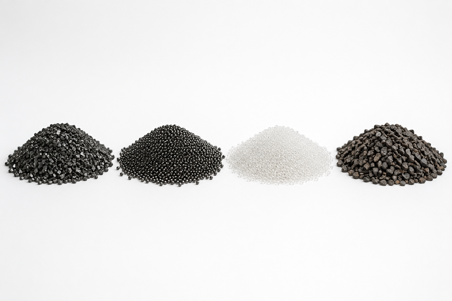 Granalha de aço angular, granalha de aço esférica, microesfera de vidro e abrasivo mineral comparados lado a lado