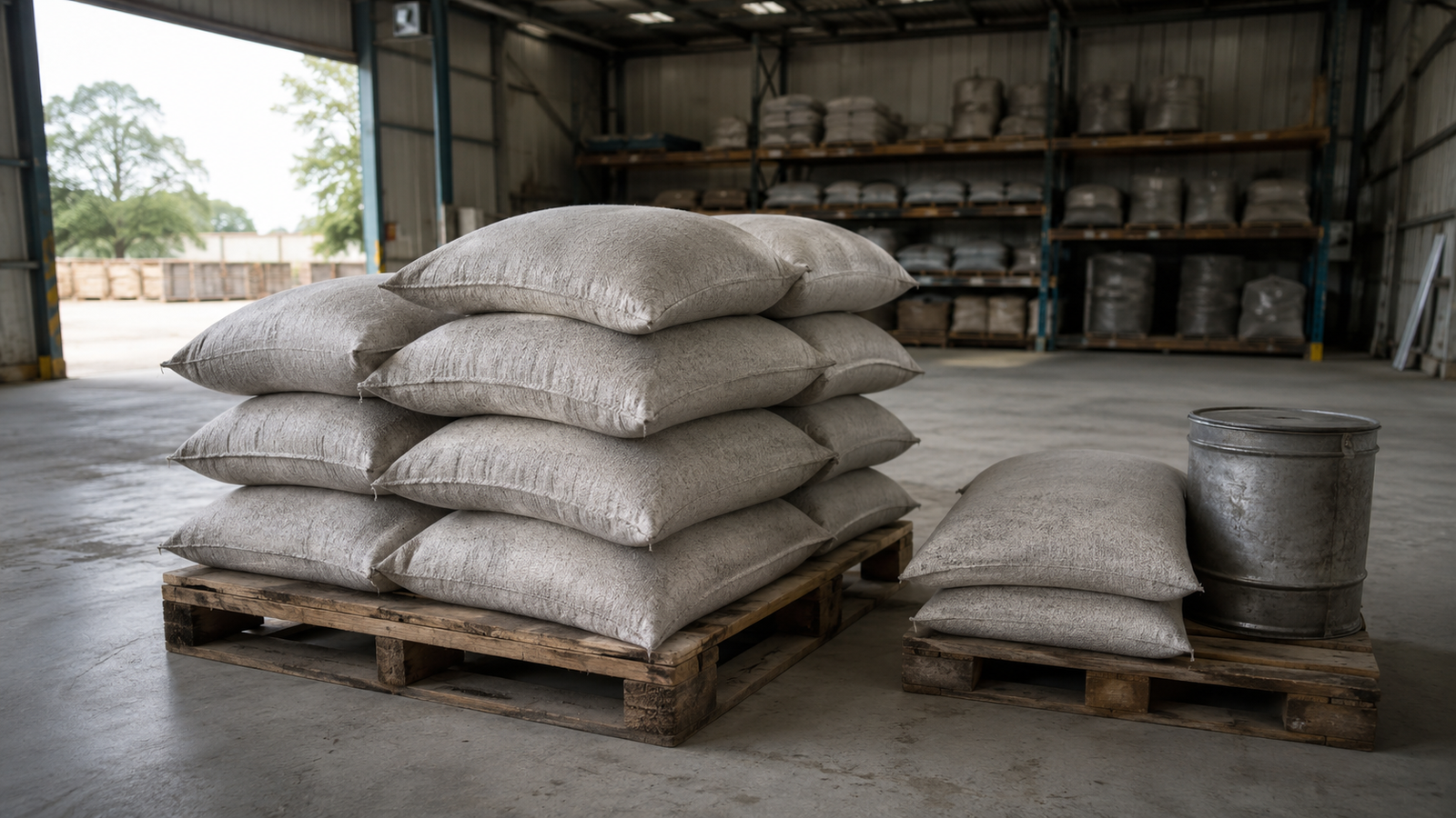 Sacos de abrasivo para jateamento empilhados sobre pallet em galpão coberto e ventilado