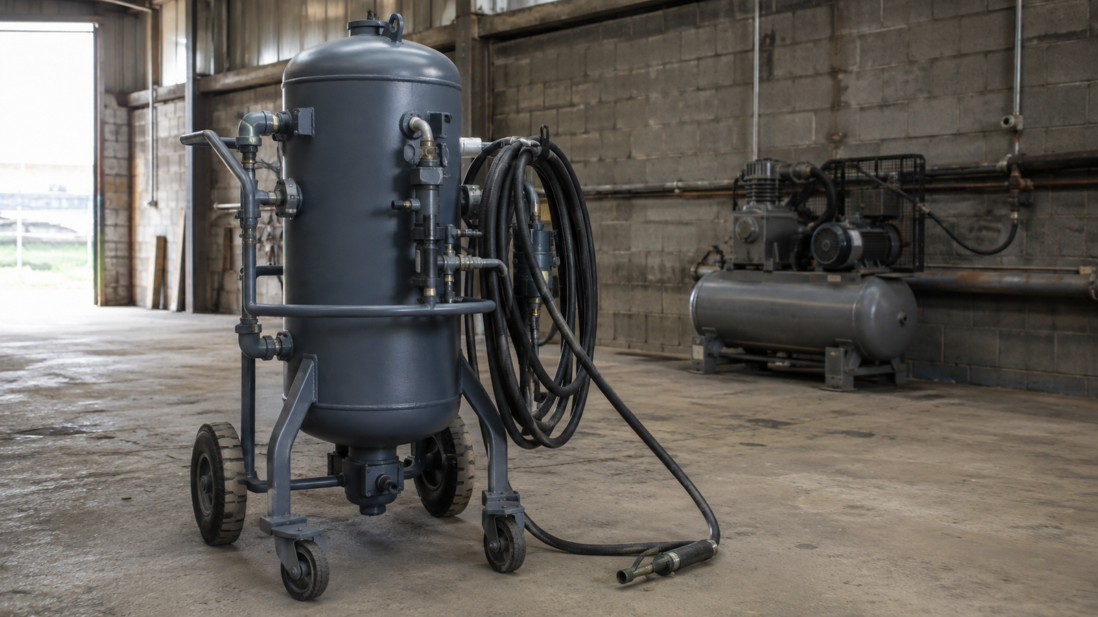 Compressor de ar comprimido industrial e tubulação de linha de ar em galpão de trabalho