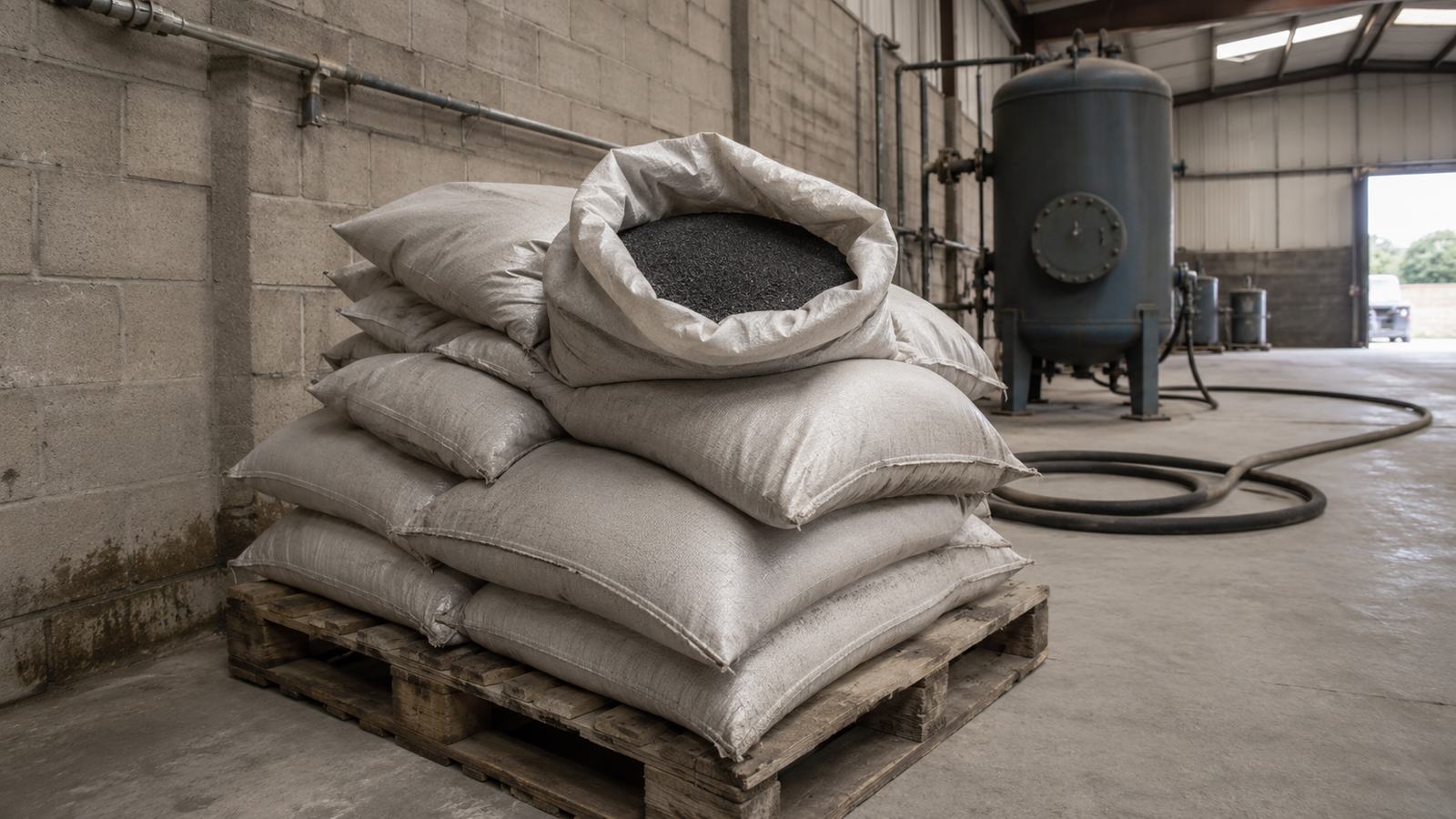 Sacos de abrasivo para jateamento empilhados sobre estrado de madeira em galpão industrial