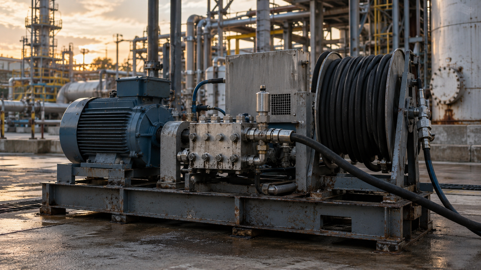 Hidrojateadora industrial posicionada em área externa de planta industrial